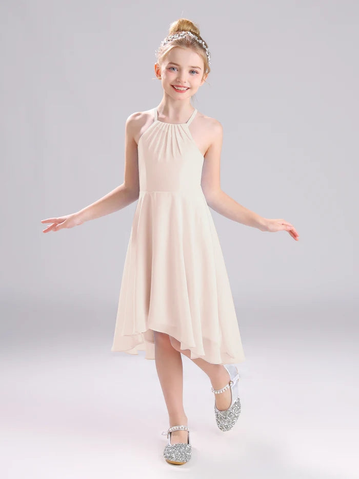 Girls Birthday Dresses Halter Spaghetti Straps Chiffon Asymmetrical Knee-Length Junior Bridesmaid Dress/Party Dresses With Pleated Girls Gidiondress