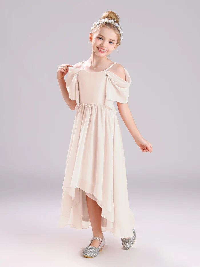 Girls Birthday Dresses Cold Shoulder Flutter Straps Chiffon Asymmetrical Junior Bridesmaid Dress/Party Dresses With Pleated Girls Gidiondress