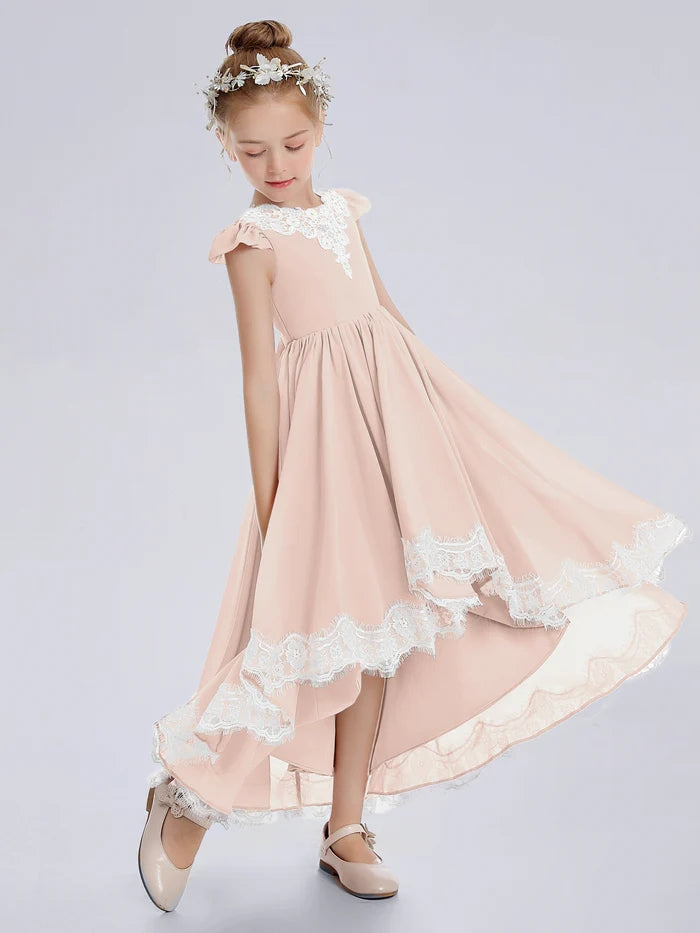 Asymmetrical Cap Sleeve Scoop Neck Cute Ankel-Length Lace/Chiffon Junior Bridesmaid Dress With Appliques Girls Gidiondress