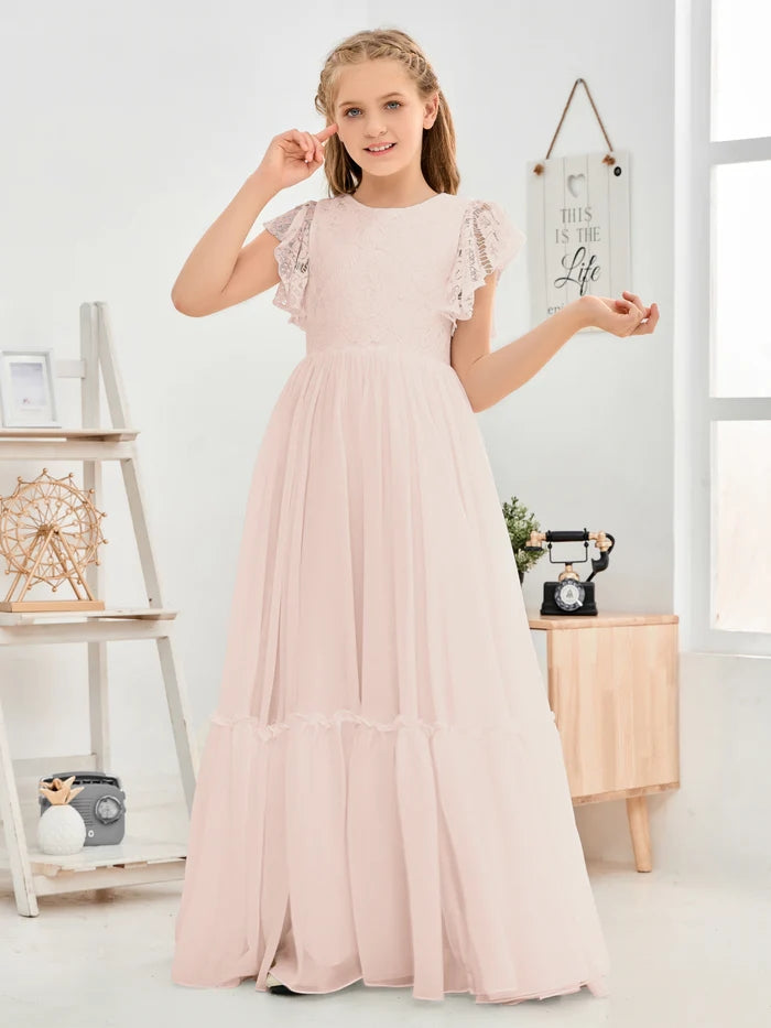 A-Line Scoop Neck Flutter straps Floor-Length Lace/Chiffon Junior Bridesmaid Dress/First Communion Dress With Lace Girls Gidiondress