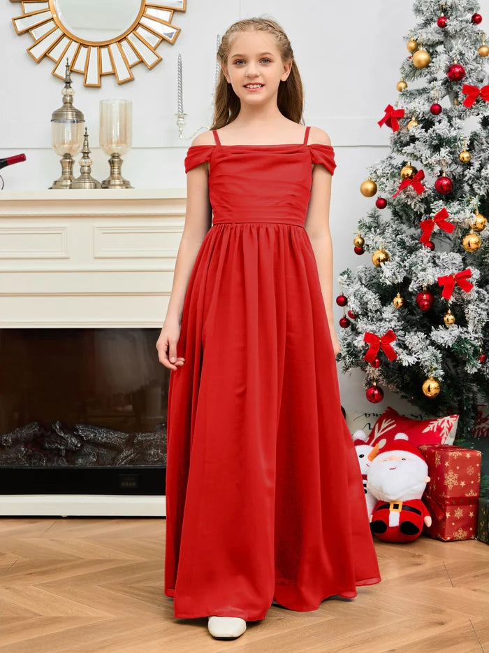 A-Line Floor-Length Chiffon Cold Shoulder Junior Bridesmaid Dress/Girls Birthday Dresses With Cape Gidiondress Red 12M