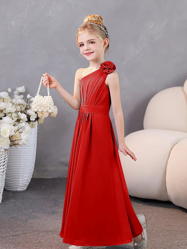 One-Shoulder Chiffon Floor-Length Junior Bridesmaid Dress/Party Dresses Girls Gidiondress Red 12M