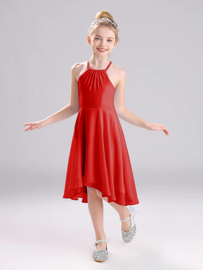 Girls Birthday Dresses Halter Spaghetti Straps Chiffon Asymmetrical Knee-Length Junior Bridesmaid Dress/Party Dresses With Pleated Girls Gidiondress