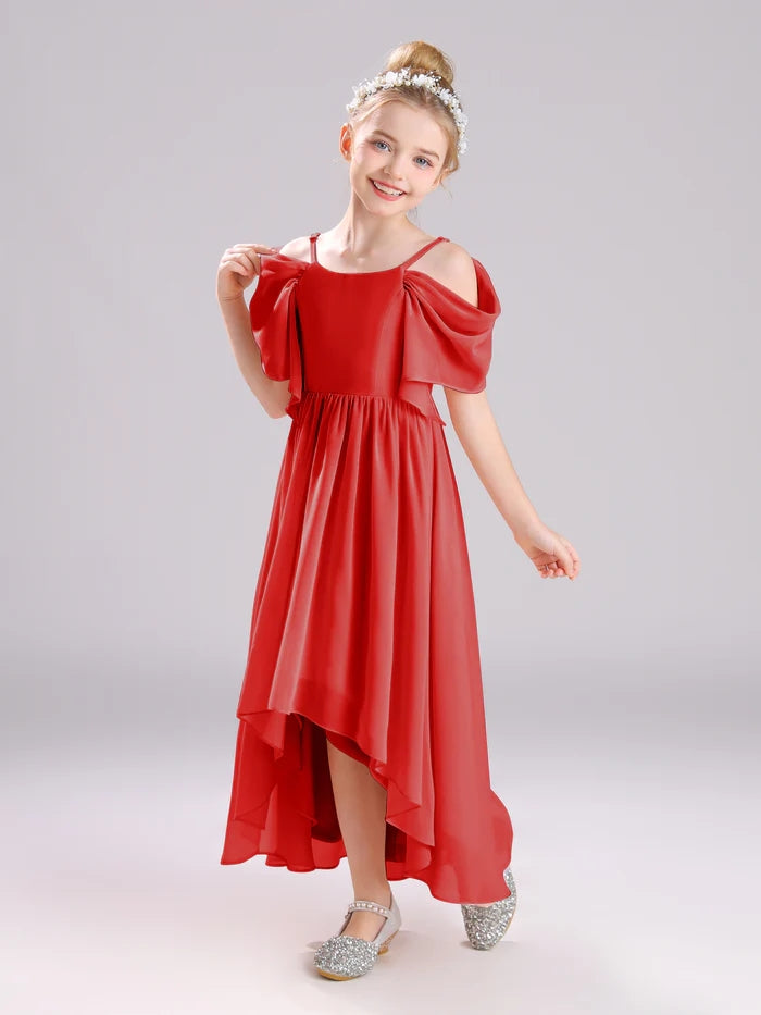 Girls Birthday Dresses Cold Shoulder Flutter Straps Chiffon Asymmetrical Junior Bridesmaid Dress/Party Dresses With Pleated Girls Gidiondress