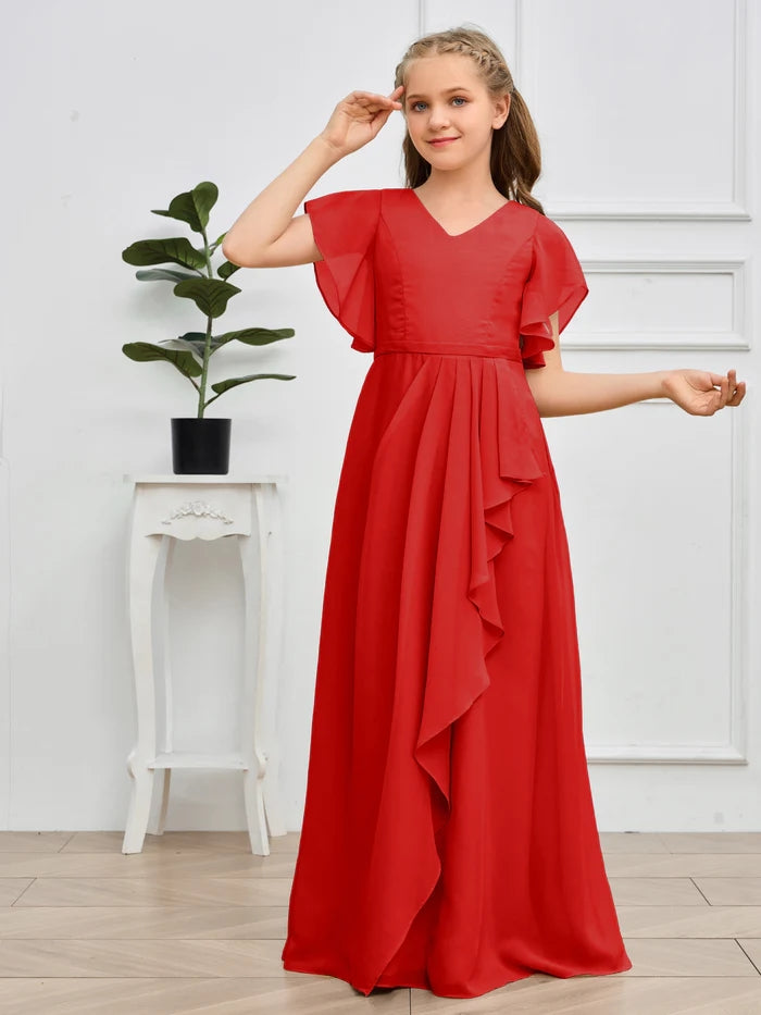 V-Neck Flutter straps Floor-Length Chiffon Junior Bridesmaid Dress/Girls Birthday Dresses Girls Gidiondress