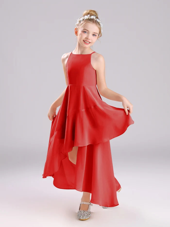 Girls Birthday Dresses Simple Boat Neck Spaghetti Straps Chiffon Asymmetrical Junior Bridesmaid Dress/Party Dresses With Ruffled Hem Girls Gidiondress