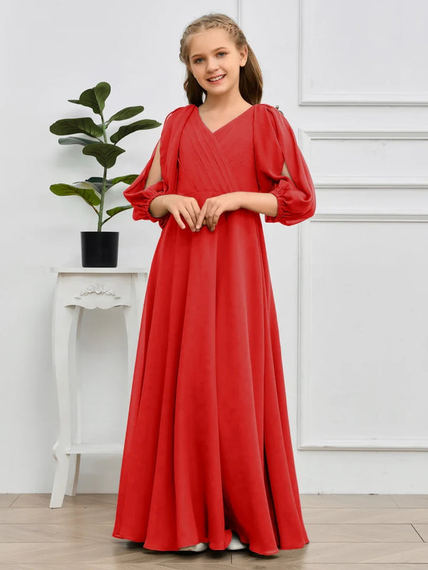 A-line V-Neck Floor-Length Chiffon Junior Bridesmaid Dresses Girls Gidiondress
