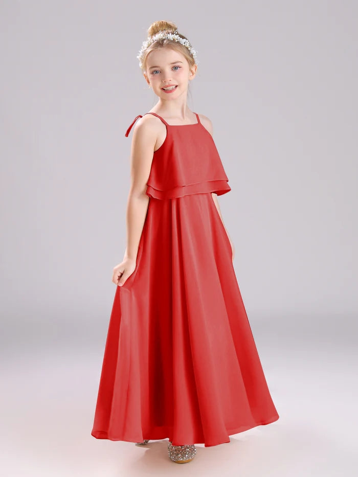 Girls Birthday Dresses Square Neck Spaghetti Straps Chiffon Floor-Length Junior Bridesmaid Dress/Party Dresses Girls Gidiondress Red 12M