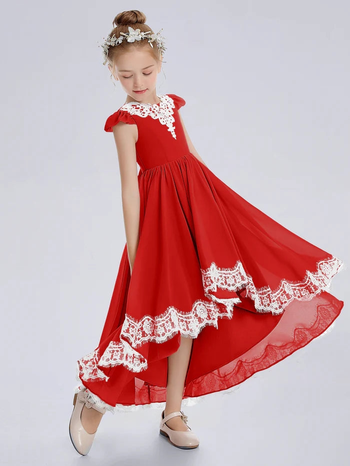 Asymmetrical Cap Sleeve Scoop Neck Cute Ankel-Length Lace/Chiffon Junior Bridesmaid Dress With Appliques Girls Gidiondress