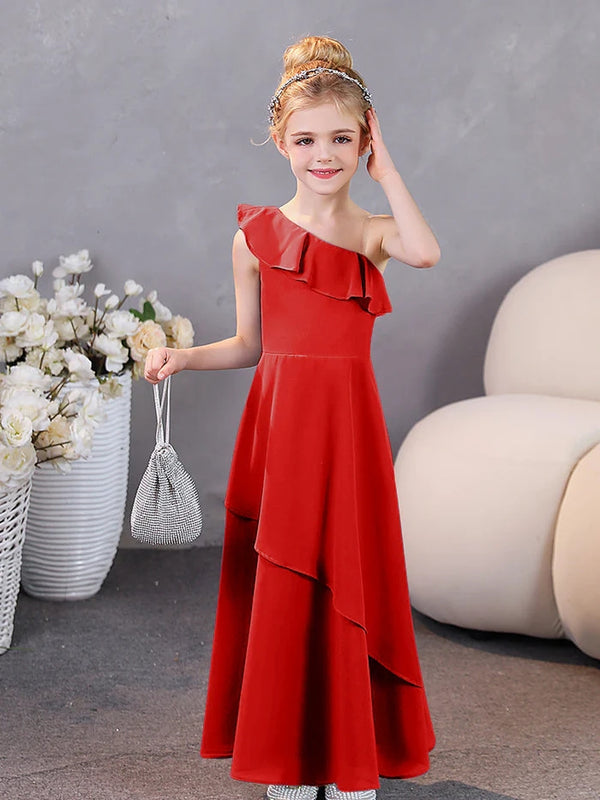 Girls Birthday Dresses One-Shoulder Sleeveless Chiffon Floor-Length Graceful Junior Bridesmaid Dress/Party Dresses With Ruffled Hem Girls Gidiondress