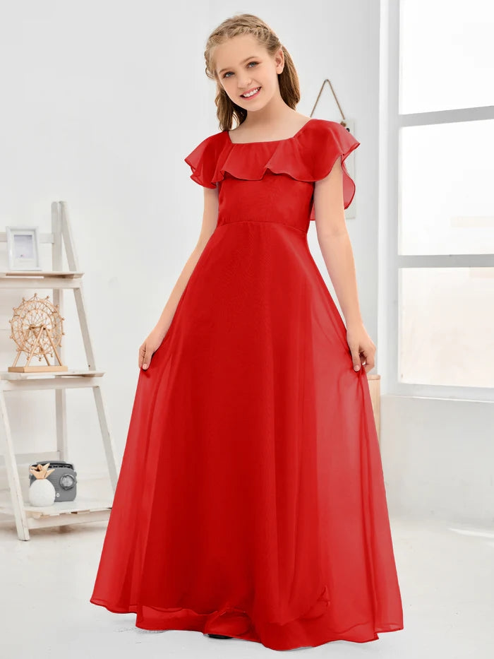 A-Line Square Flutter straps Simple Floor-Length Lilac Chiffon Junior Bridesmaid Dress/Girls Birthday Dresses Girls Gidiondress