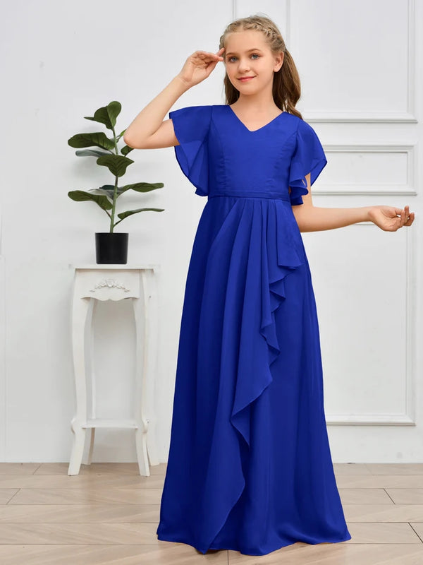 V-Neck Flutter straps Floor-Length Chiffon Junior Bridesmaid Dress/Girls Birthday Dresses Girls Gidiondress
