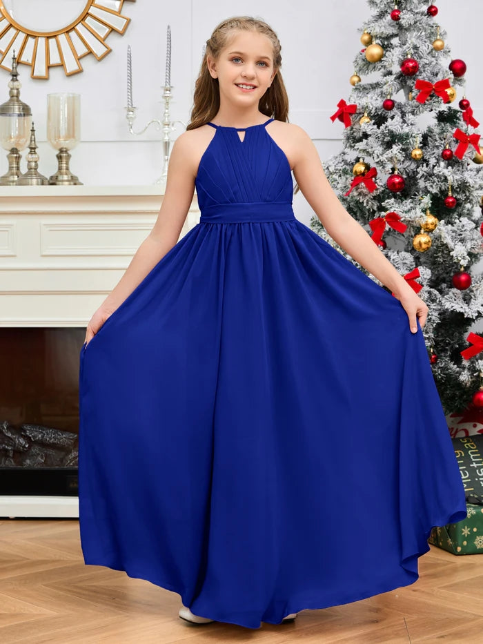 Halter A-Line Classic Floor-Length Chiffon Girls Birthday Dresses/Junior Bridesmaid Dress With Pleated/Belt Gidiondress