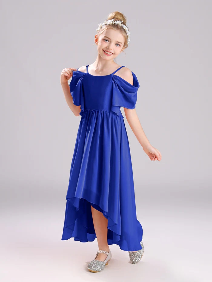 Girls Birthday Dresses Cold Shoulder Flutter Straps Chiffon Asymmetrical Junior Bridesmaid Dress/Party Dresses With Pleated Girls Gidiondress