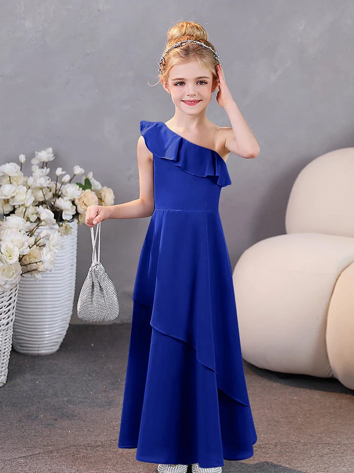 Girls Birthday Dresses One-Shoulder Sleeveless Chiffon Floor-Length Graceful Junior Bridesmaid Dress/Party Dresses With Ruffled Hem Girls Gidiondress