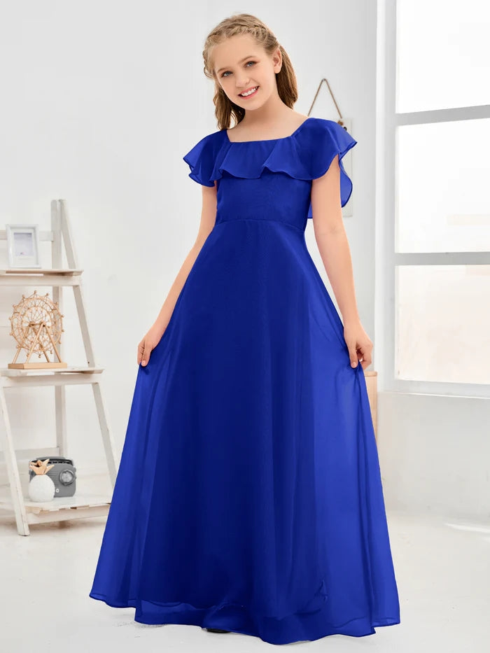 A-Line Square Flutter straps Simple Floor-Length Lilac Chiffon Junior Bridesmaid Dress/Girls Birthday Dresses Girls Gidiondress
