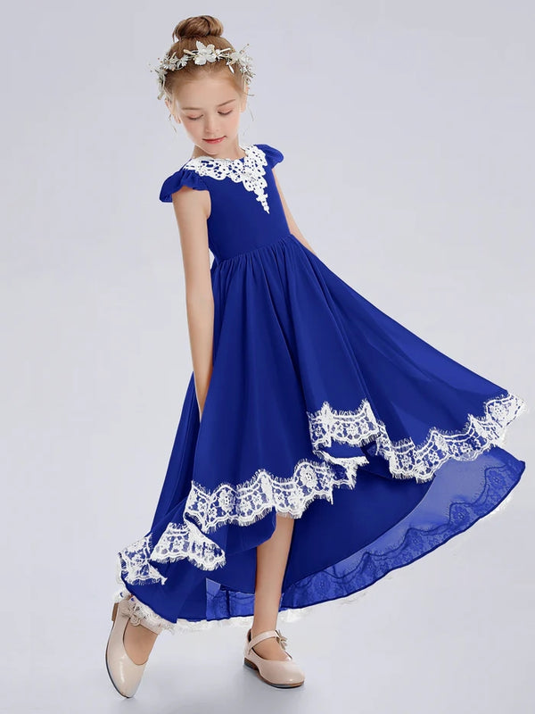 Asymmetrical Cap Sleeve Scoop Neck Cute Ankel-Length Lace/Chiffon Junior Bridesmaid Dress With Appliques Girls Gidiondress