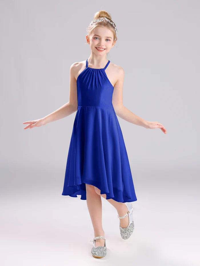 Girls Birthday Dresses Halter Spaghetti Straps Chiffon Asymmetrical Knee-Length Junior Bridesmaid Dress/Party Dresses With Pleated Girls Gidiondress