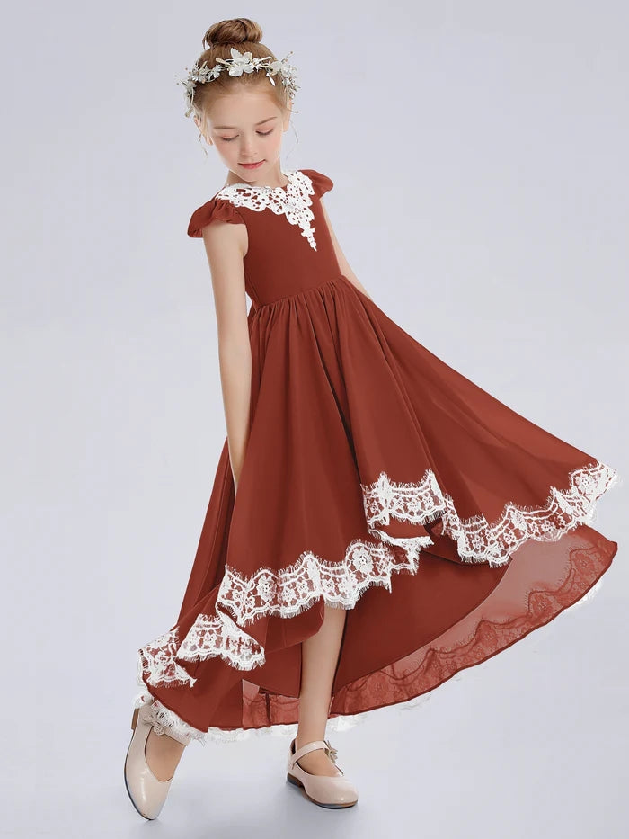 Asymmetrical Cap Sleeve Scoop Neck Cute Ankel-Length Lace/Chiffon Junior Bridesmaid Dress With Appliques Girls Gidiondress