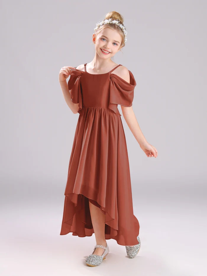 Girls Birthday Dresses Cold Shoulder Flutter Straps Chiffon Asymmetrical Junior Bridesmaid Dress/Party Dresses With Pleated Girls Gidiondress