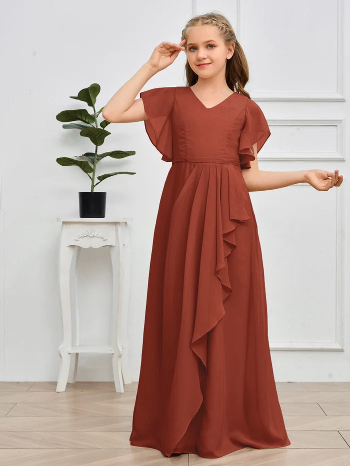 V-Neck Flutter straps Floor-Length Chiffon Junior Bridesmaid Dress/Girls Birthday Dresses Girls Gidiondress