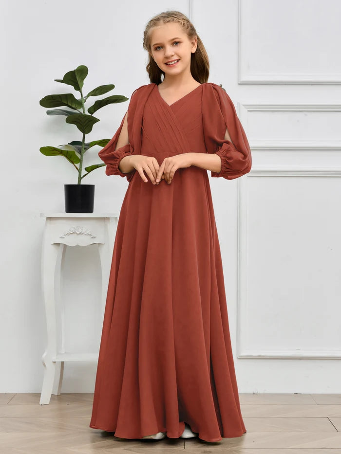 A-line V-Neck Floor-Length Chiffon Junior Bridesmaid Dresses Girls Gidiondress