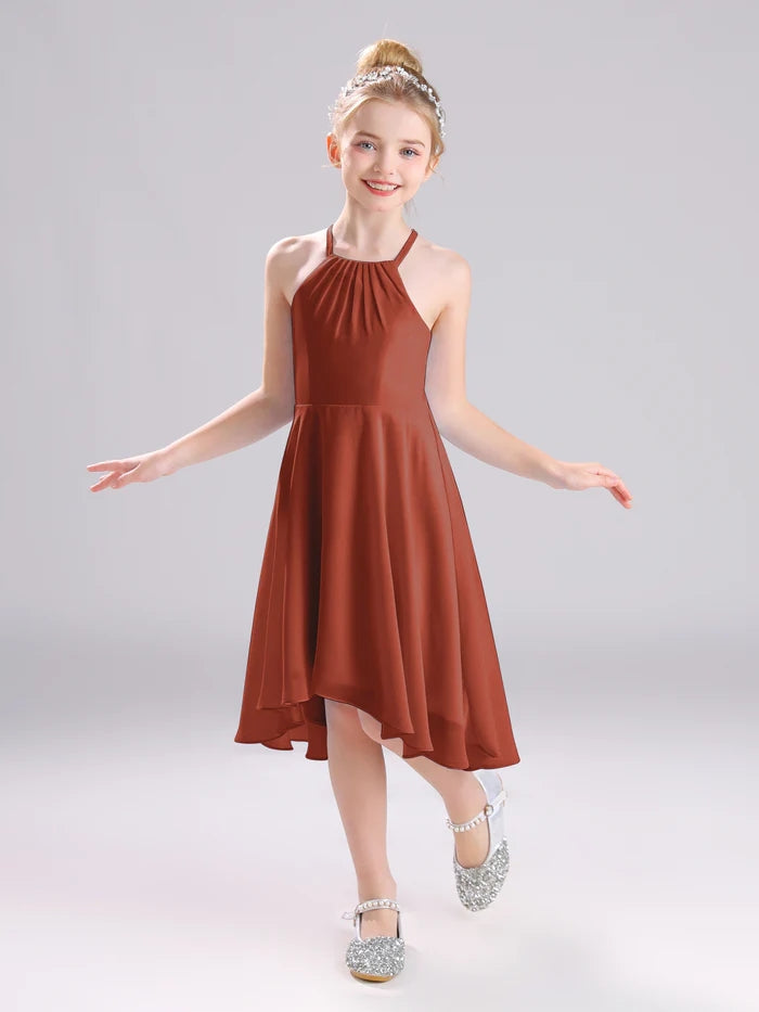 Girls Birthday Dresses Halter Spaghetti Straps Chiffon Asymmetrical Knee-Length Junior Bridesmaid Dress/Party Dresses With Pleated Girls Gidiondress