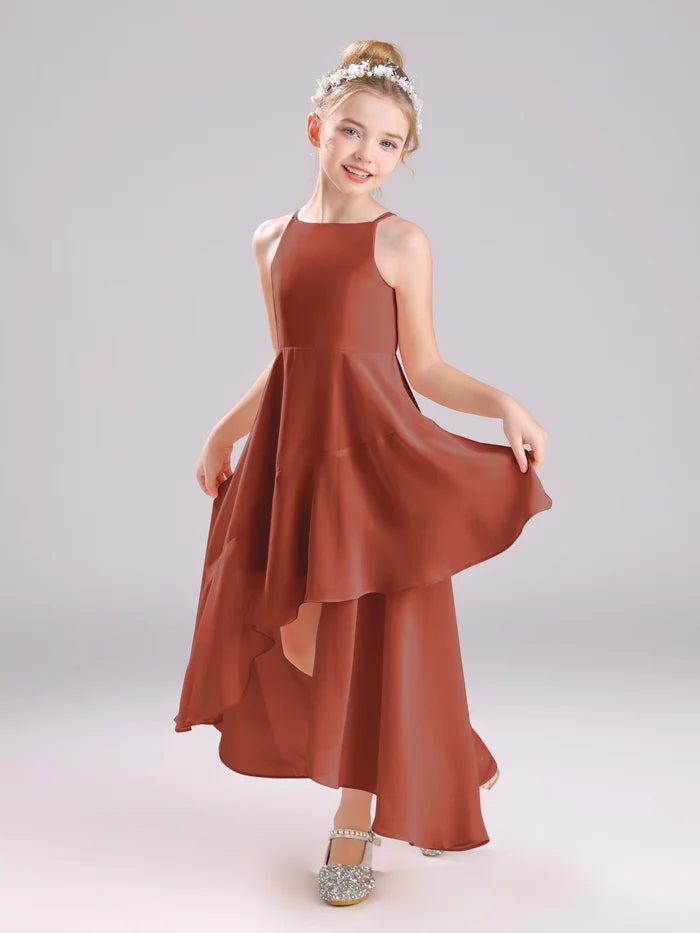 Girls Birthday Dresses Simple Boat Neck Spaghetti Straps Chiffon Asymmetrical Junior Bridesmaid Dress/Party Dresses With Ruffled Hem Girls Gidiondress