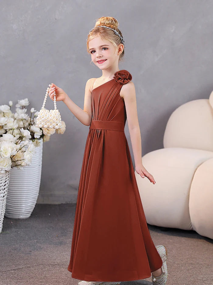 One-Shoulder Chiffon Floor-Length Junior Bridesmaid Dress/Party Dresses Girls Gidiondress Rust 12M