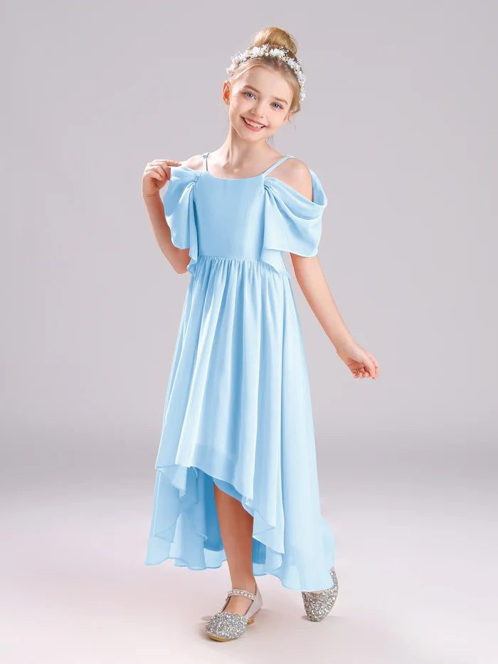 Girls Birthday Dresses Cold Shoulder Flutter Straps Chiffon Asymmetrical Junior Bridesmaid Dress/Party Dresses With Pleated Girls Gidiondress