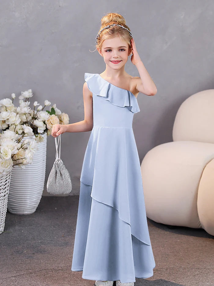 Girls Birthday Dresses One-Shoulder Sleeveless Chiffon Floor-Length Graceful Junior Bridesmaid Dress/Party Dresses With Ruffled Hem Girls Gidiondress Sky Blue 12M