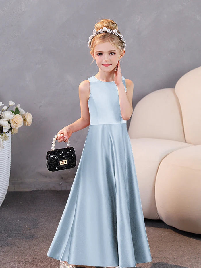 Girls Birthday Dresses Simple Sleeveless Satin Floor-Length Junior Bridesmaid Dress Girls Gidiondress Sky Blue 12M