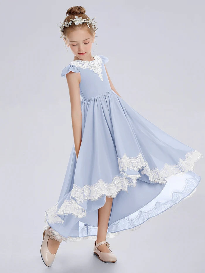 Asymmetrical Cap Sleeve Scoop Neck Ankel-Length Lace/Chiffon Cute Junior Bridesmaid Dress With Appliques Girls Gidiondress Sky Blue 12M