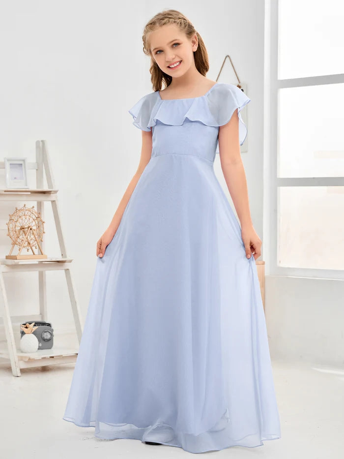A-Line Square Flutter straps Simple Floor-Length Lilac Chiffon Junior Bridesmaid Dress/Girls Birthday Dresses Girls Gidiondress Sky Blue 12M