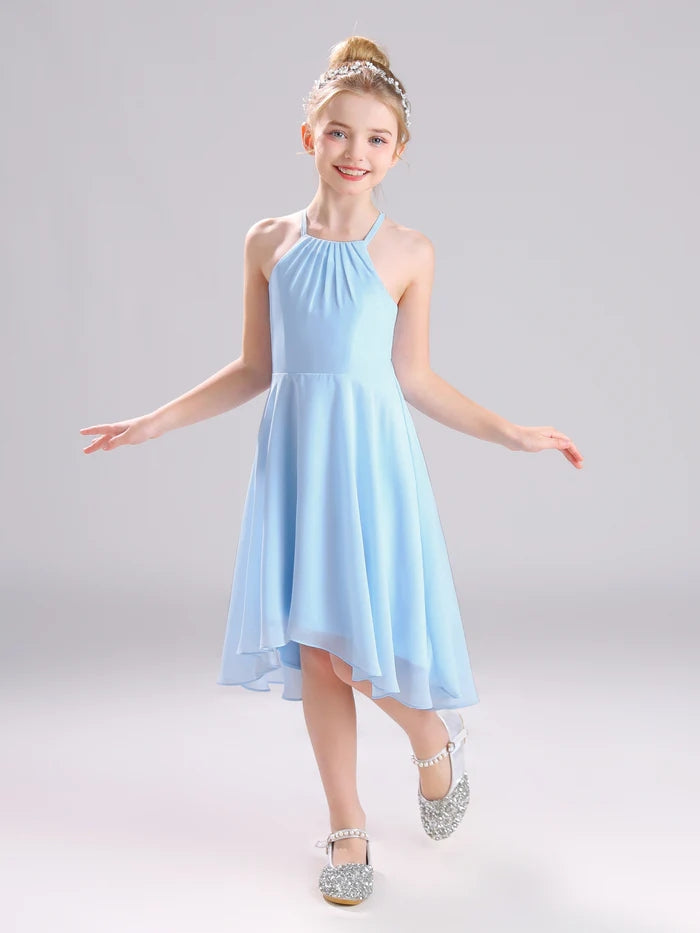 Girls Birthday Dresses Halter Spaghetti Straps Chiffon Asymmetrical Knee-Length Junior Bridesmaid Dress/Party Dresses With Pleated Girls Gidiondress
