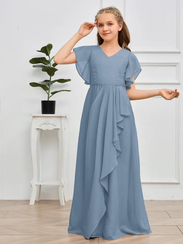 V-Neck Flutter straps Floor-Length Chiffon Junior Bridesmaid Dress/Girls Birthday Dresses Girls Gidiondress Slate Blue 12M