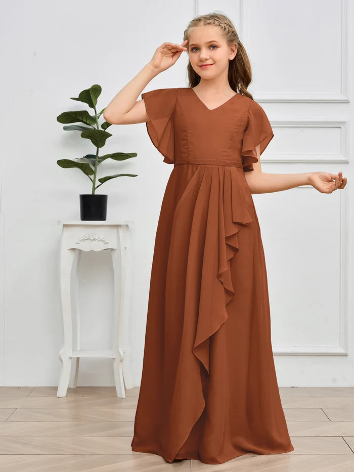 Asymmetrical V-Neck Flutter straps Floor-Length Chiffon Junior Bridesmaid Dress/Girls Birthday Dresses Girls Gidiondress