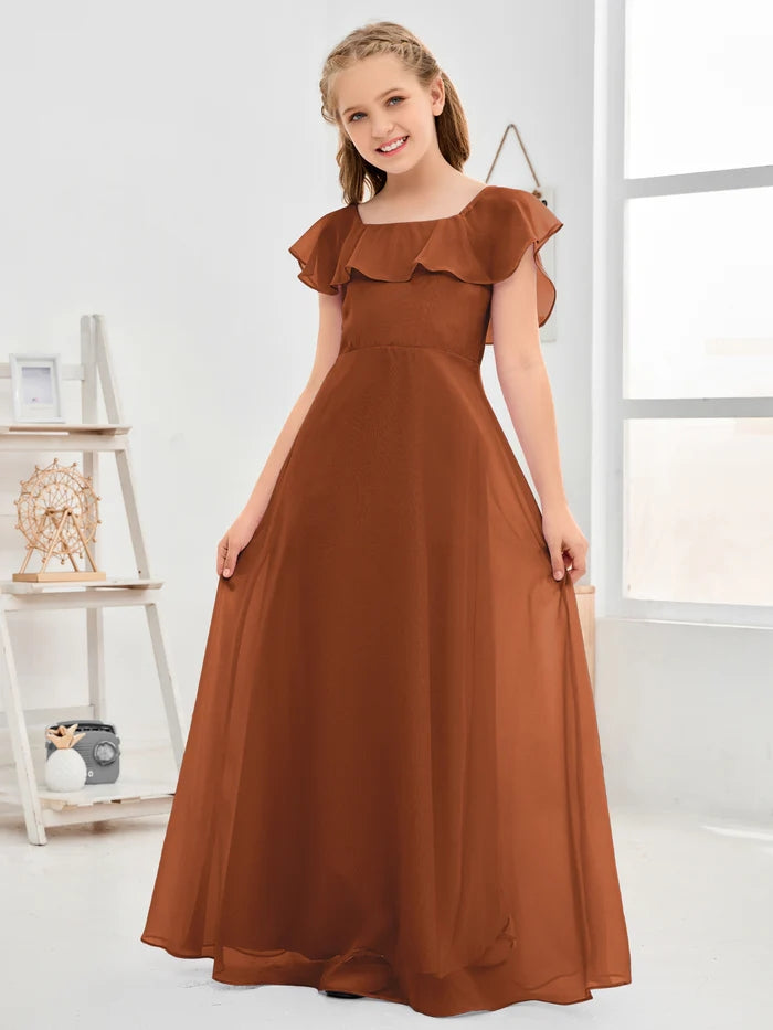 A-Line Square Flutter straps Simple Floor-Length Lilac Chiffon Junior Bridesmaid Dress/Girls Birthday Dresses Girls Gidiondress