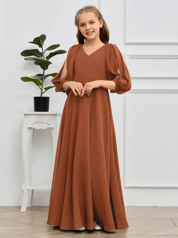 A-line V-Neck Floor-Length Chiffon Junior Bridesmaid Dresses Girls Gidiondress Terracotta 12M