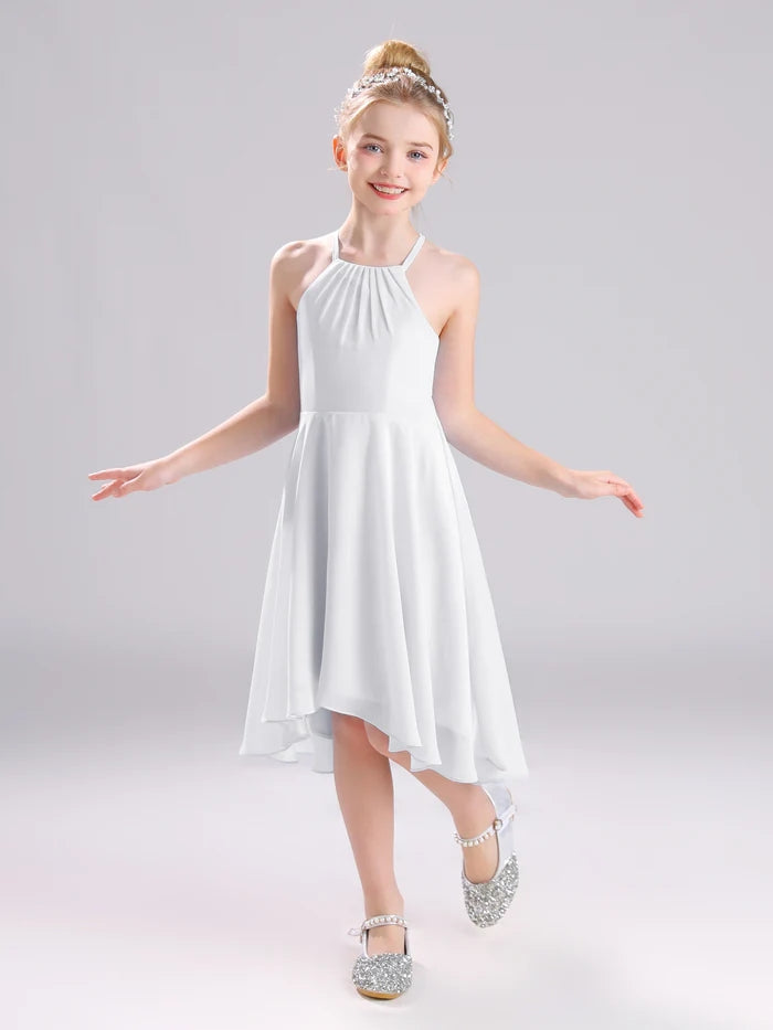 Girls Birthday Dresses Halter Spaghetti Straps Chiffon Asymmetrical Knee-Length Junior Bridesmaid Dress/Party Dresses With Pleated Girls Gidiondress
