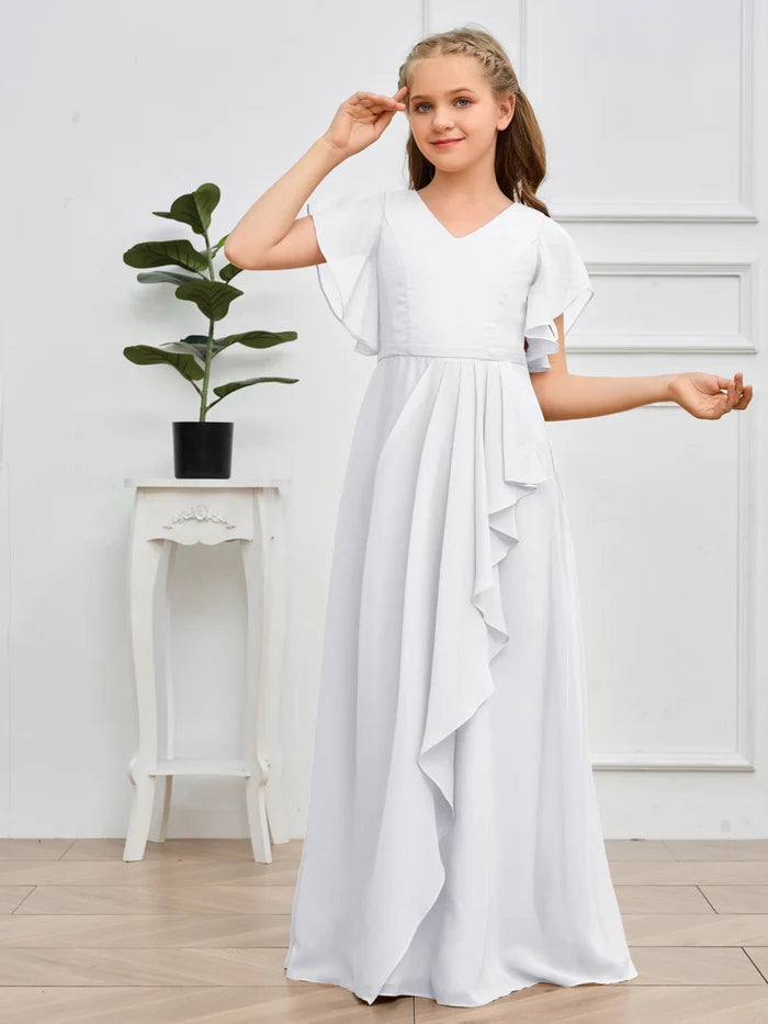 V-Neck Flutter straps Floor-Length Chiffon Junior Bridesmaid Dress/Girls Birthday Dresses Girls Gidiondress