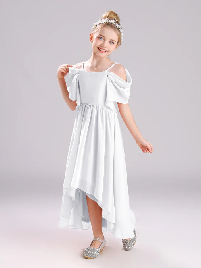 Girls Birthday Dresses Cold Shoulder Flutter Straps Chiffon Asymmetrical Junior Bridesmaid Dress/Party Dresses With Pleated Girls Gidiondress