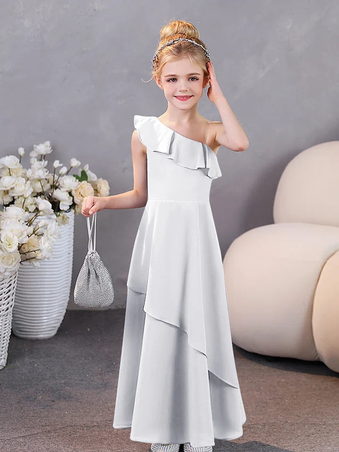 Girls Birthday Dresses One-Shoulder Sleeveless Chiffon Floor-Length Graceful Junior Bridesmaid Dress/Party Dresses With Ruffled Hem Girls Gidiondress