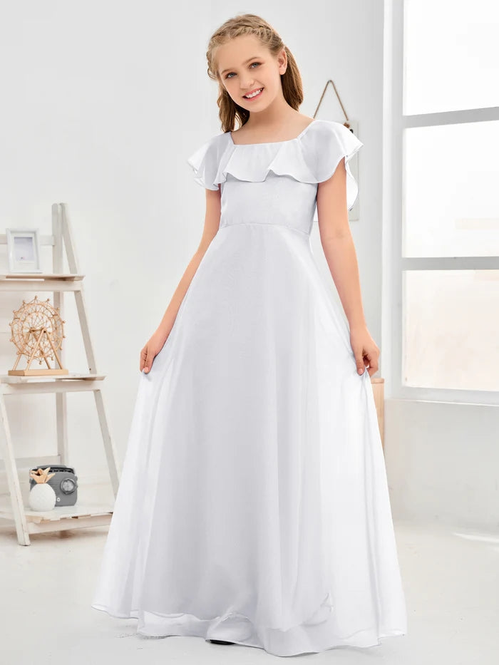 A-Line Square Flutter straps Simple Floor-Length Lilac Chiffon Junior Bridesmaid Dress/Girls Birthday Dresses Girls Gidiondress