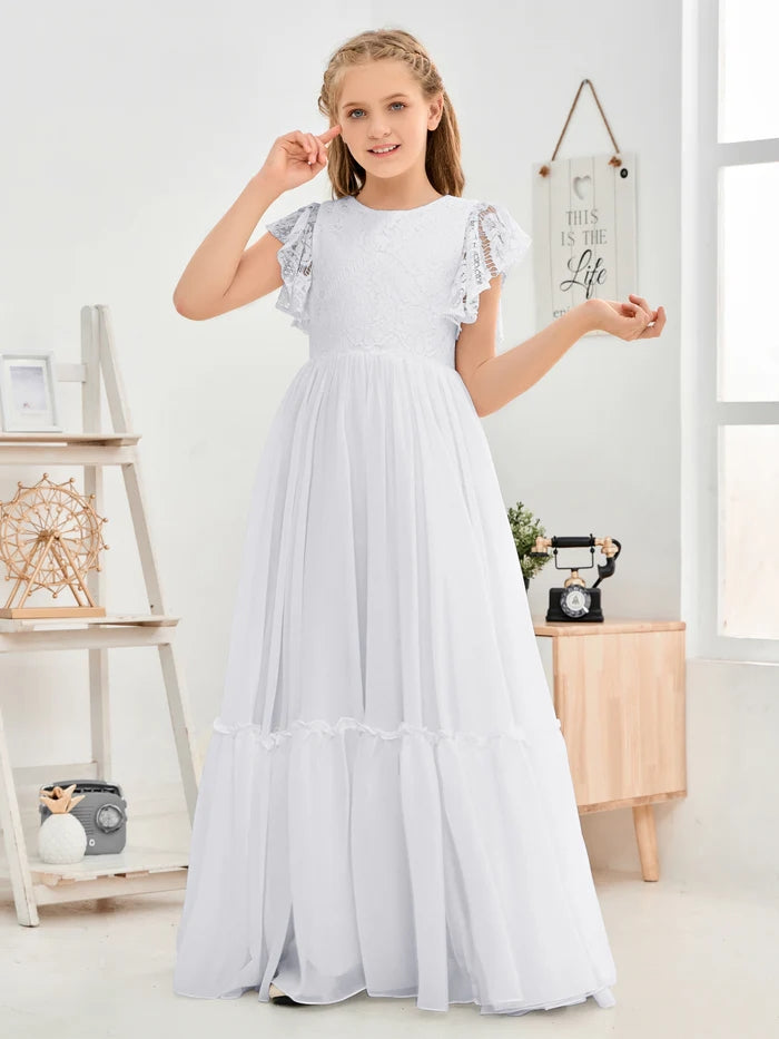 A-Line Scoop Neck Flutter straps Floor-Length Lace/Chiffon Junior Bridesmaid Dress/First Communion Dress With Lace Girls Gidiondress