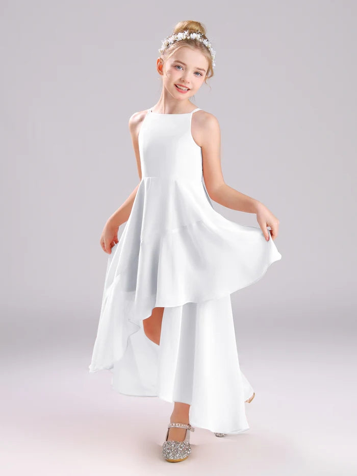 Girls Birthday Dresses Simple Boat Neck Spaghetti Straps Chiffon Asymmetrical Junior Bridesmaid Dress/Party Dresses With Ruffled Hem Girls Gidiondress White 12M