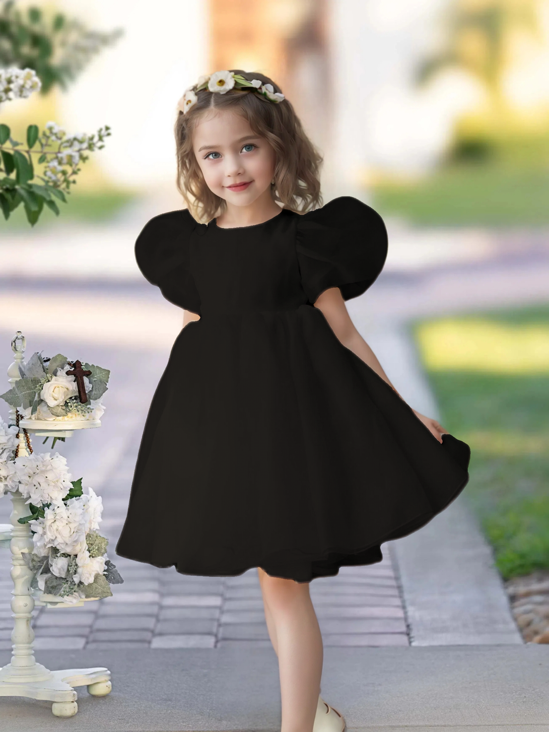 Flower Girl Dresses for Wedding Toddler Cute Short Sleeve Organza Prom Puffy Ball Gown for Girls Formal Party Girls BabaMila Black 12M