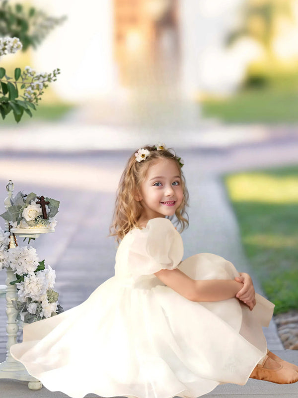 Flower Girl Dresses for Wedding Toddler Cute Short Sleeve Organza Prom Puffy Ball Gown for Girls Formal Party Girls BabaMila Ivory 12M