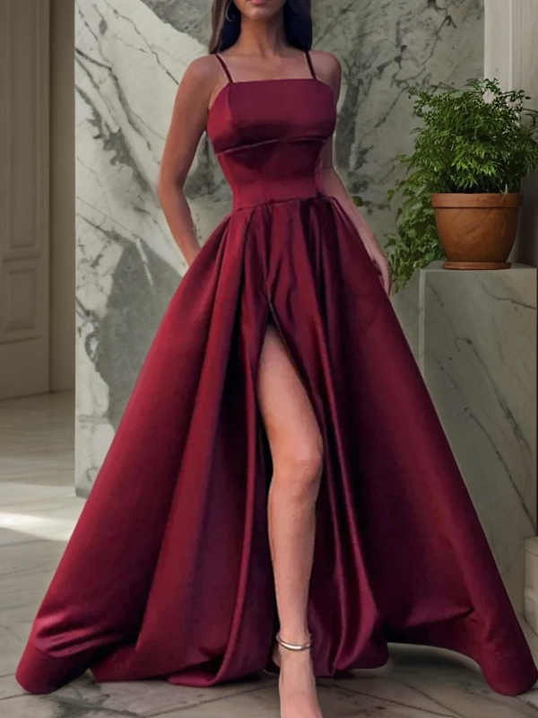A-Line/Princess Satin Ruffles Spaghetti Straps Sleeveless Floor-Length Dresses BabaMila