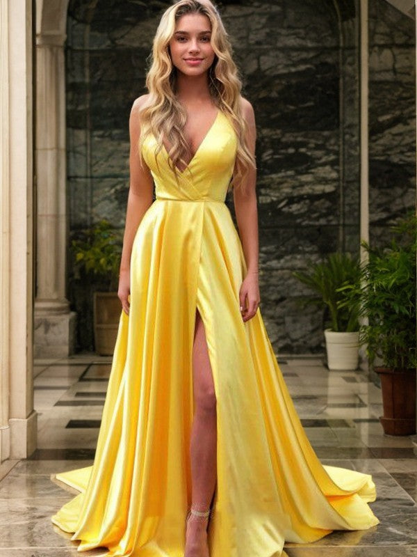 A-Line/Princess Elastic Woven Satin Ruffles V-neck Sleeveless Sweep/Brush Train Dresses BabaMila